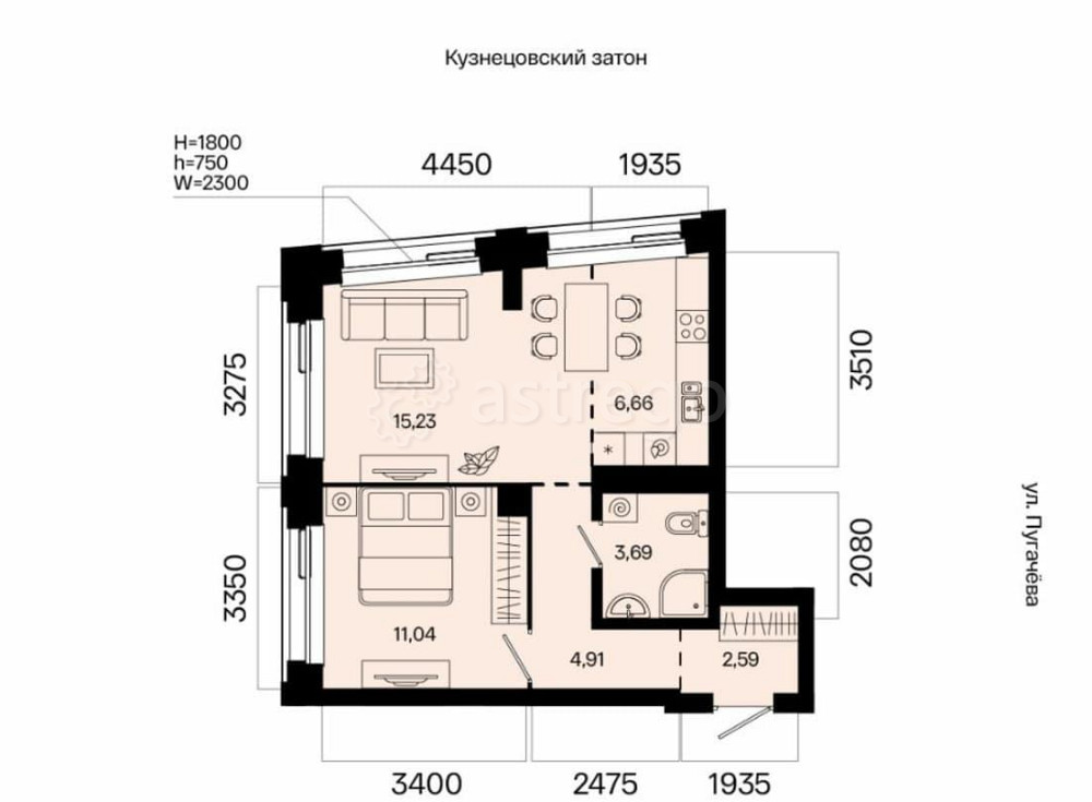 2-комн. квартира, 44.12 м2, 11/31 эт. Уфа - изображение 1