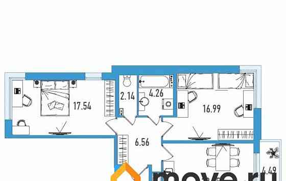 2-комн. квартира, 70.49 м2, 2/18 эт. Санкт-Петербург