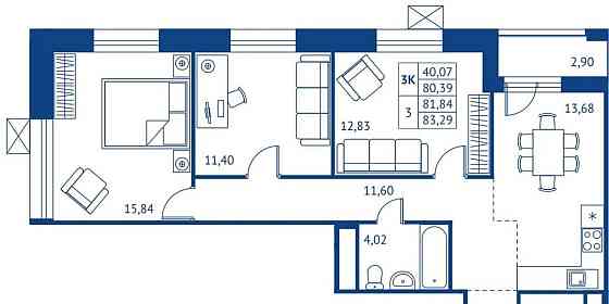 3-комн. квартира, 80.39 м2, 2/22 эт. Королев