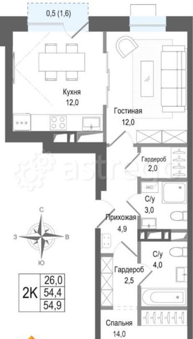 2-комн. квартира, 54.4 м2, 2/8 эт. Королев - изображение 1