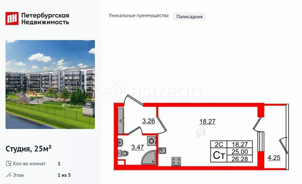 Студия, 25 м2, 1/5 эт. Санкт-Петербург - изображение 1