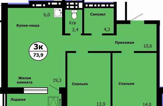 3-комн. квартира, 73.9 м2, 7/19 эт. Красноярск