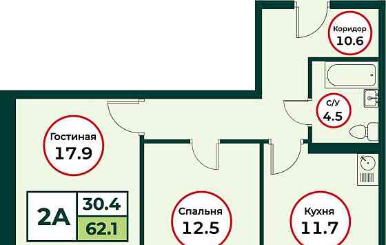 2-комн. квартира, 62.06 м2, 8/8 эт. Емельяново