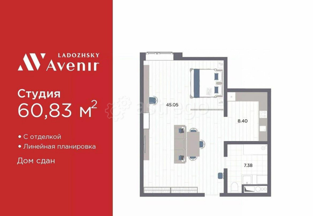 1-комн. апарт-ы, 60.83 м2, 6/14 эт. Санкт-Петербург - изображение 1