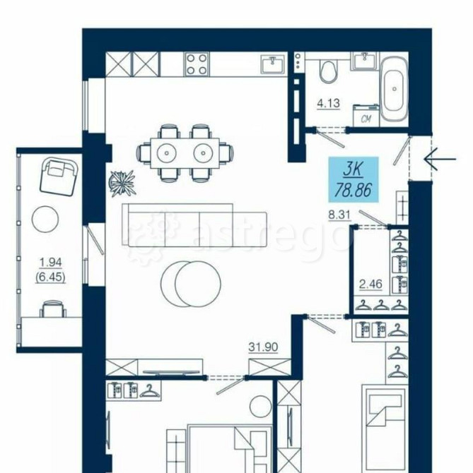 3-комн. квартира, 78.86 м2, 16/19 эт. Красноярск - изображение 2
