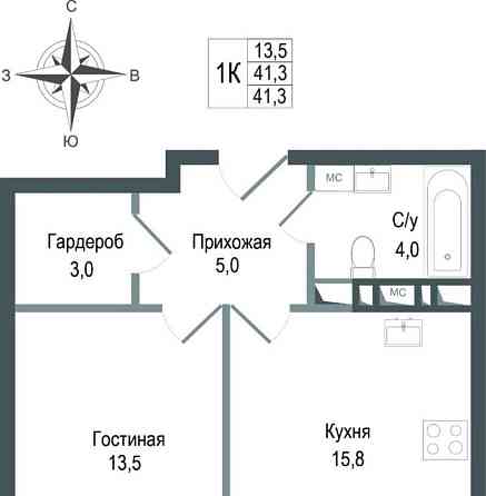 1-комн. квартира, 41.3 м2, 2/8 эт. Королев