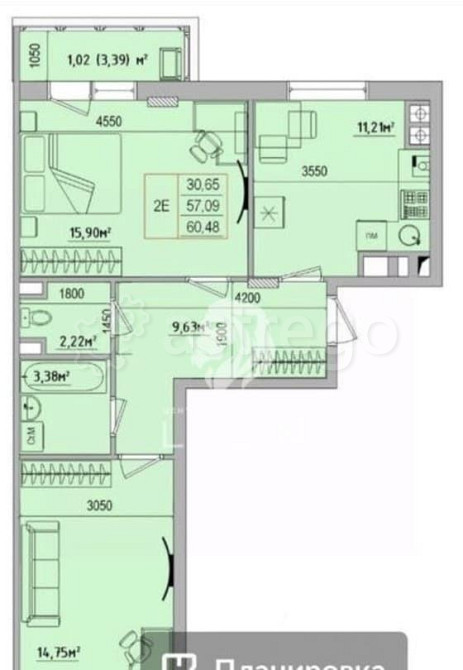 2-комн. квартира, 60.1 м2, 5/6 эт. Строитель - изображение 2