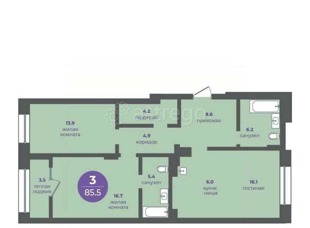 3-комн. квартира, 85.5 м2, 2/16 эт. Красноярск - изображение 1