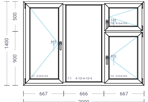 Окно пластиковое конструкция 6, 2000х1400 мм, профиль Proplex Litex, фурнитура Maco MM Екатеринбург