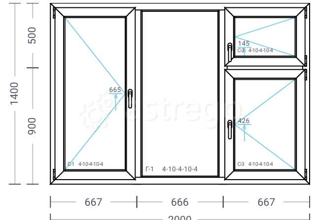 Окно пластиковое конструкция 6, 2000х1400 мм, профиль Proplex Litex, фурнитура Maco MM Екатеринбург - изображение 1