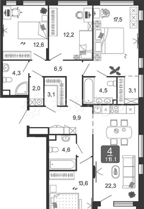 4-комн. квартира, 118.1 м2, 12/17 эт. Москва - изображение 1