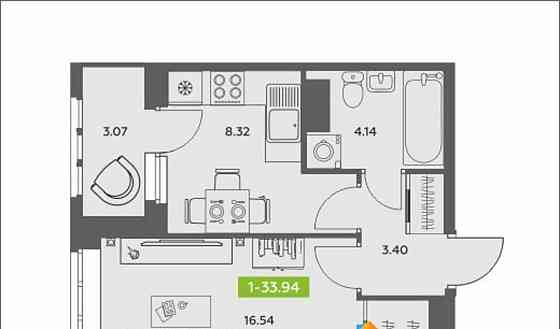 1-комн. квартира, 33.94 м2, 10/16 эт. Архангельск