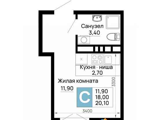 Студия, 20.1 м, 4/16 эт. Яблоновский