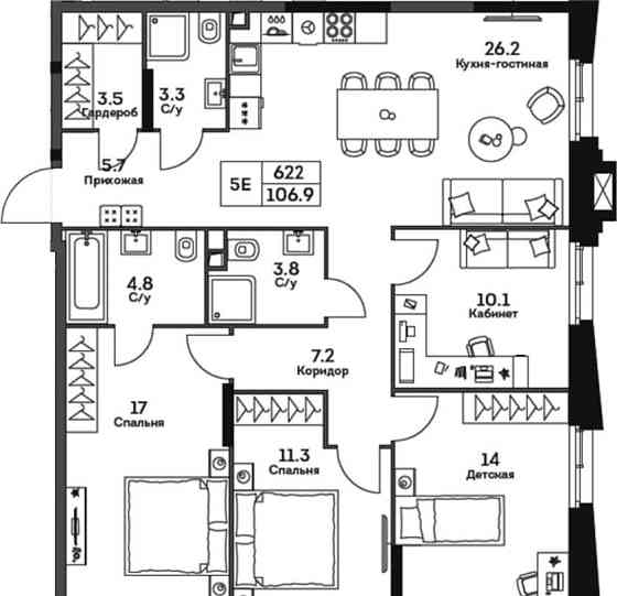 4-комн. квартира, 106.9 м2, 22/22 эт. Москва