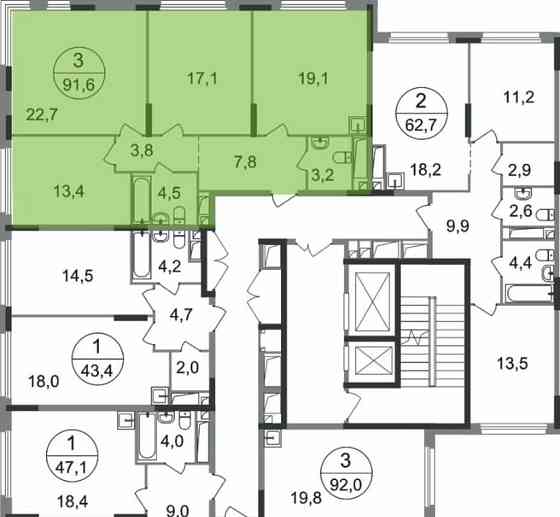 3-комн. квартира, 91.6 м2, 13/17 эт. Москва