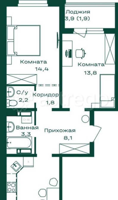 2-комн. квартира, 65.5 м2, 1/8 эт. Майма - изображение 1