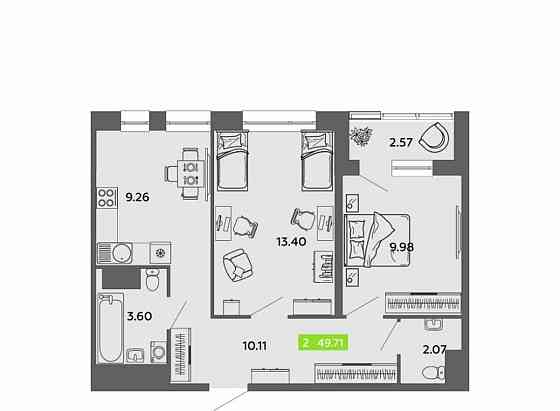 2-комн. квартира, 49.71 м2, 10/16 эт. Архангельск