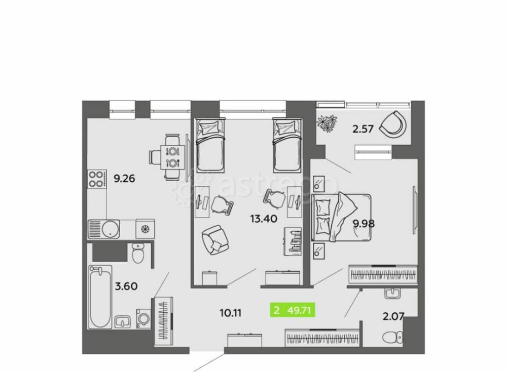 2-комн. квартира, 49.71 м2, 10/16 эт. Архангельск - изображение 2