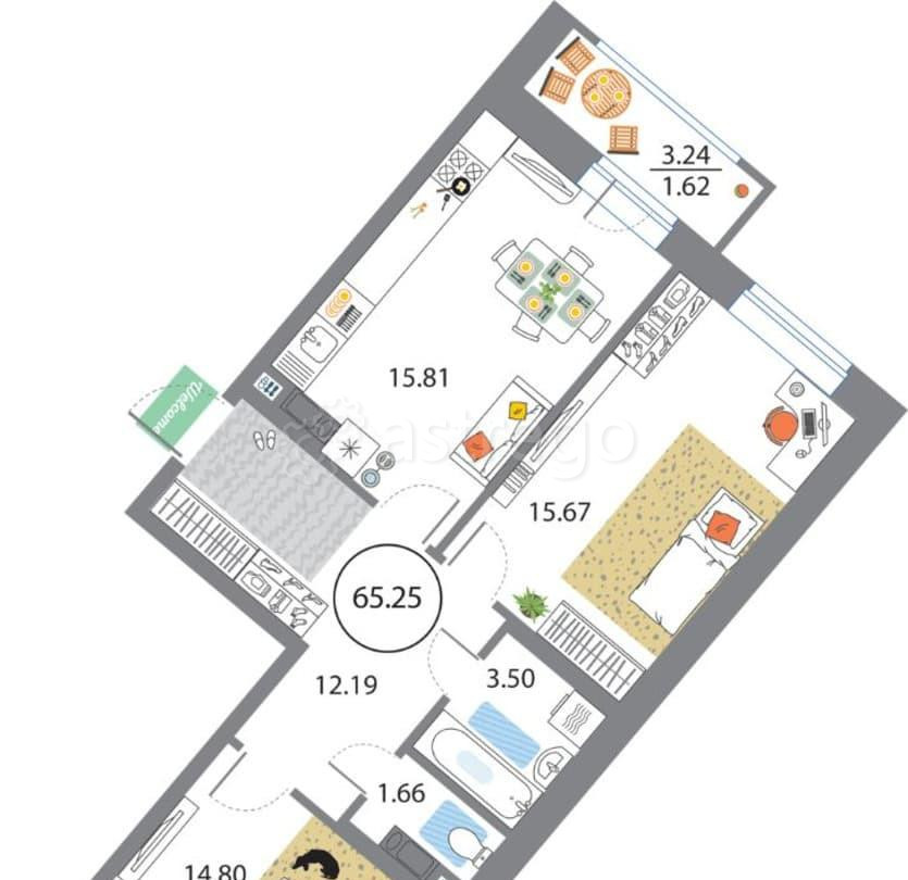 2-комн. квартира, 65.25 м2, 8/12 эт. Санкт-Петербург - изображение 7
