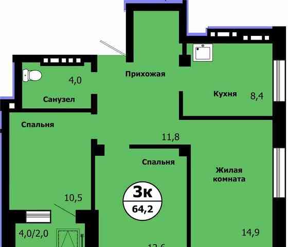 3-комн. квартира, 64.2 м2, 14/19 эт. Красноярск