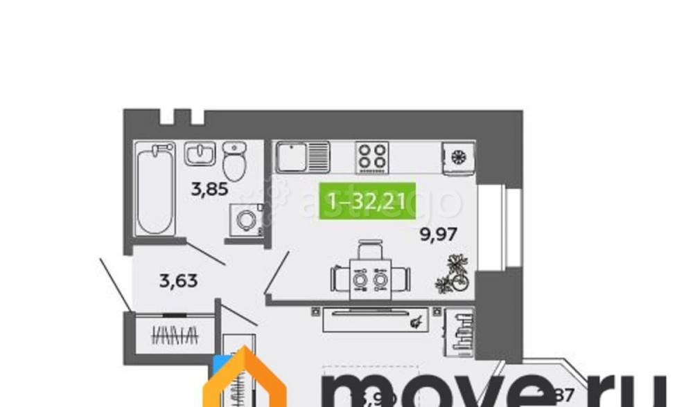 1-комн. квартира, 32.21 м2, 8/9 эт. Северодвинск - изображение 7