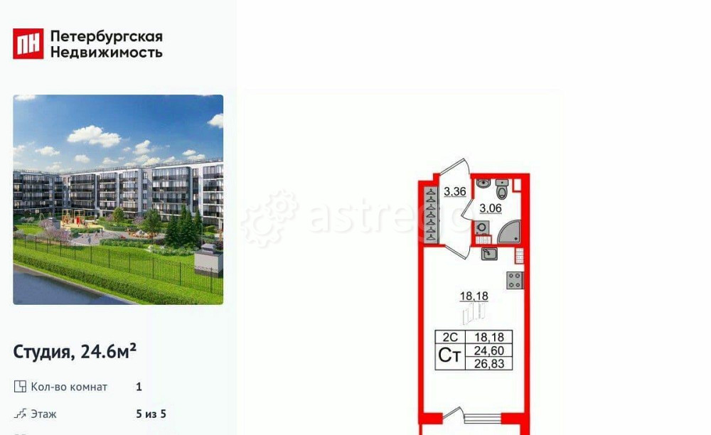 Студия, 24.6 м2, 5/5 эт. Санкт-Петербург - изображение 1