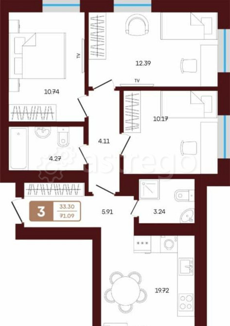 3-комн. квартира, 71.09 м2, 3/3 эт. Иглино - изображение 1