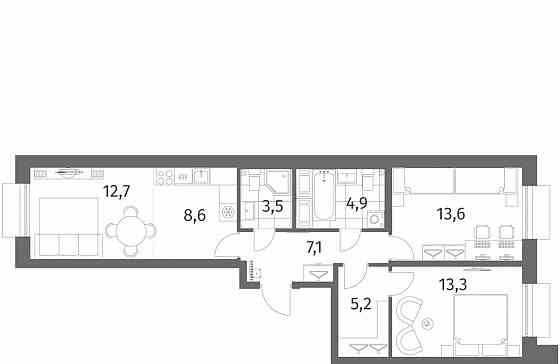 3-комн. квартира, 68.9 м2, 2/6 эт. Санкт-Петербург