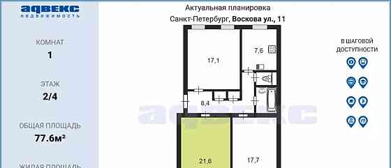 Комната, 21.6 м2, 2/4 эт. Санкт-Петербург