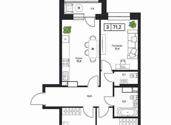 3-комн. квартира, 71.5 м2, 9/17 эт. Пушкино