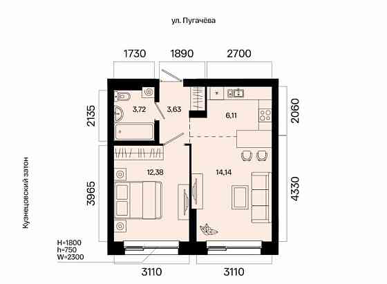 2-комн. квартира, 39.98 м2, 3/31 эт. Уфа