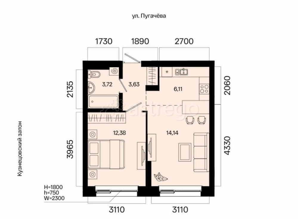2-комн. квартира, 39.98 м2, 3/31 эт. Уфа - изображение 1