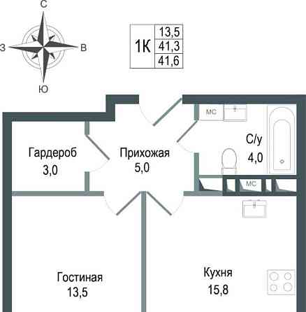 1-комн. квартира, 41.3 м2, 3/8 эт. Королев