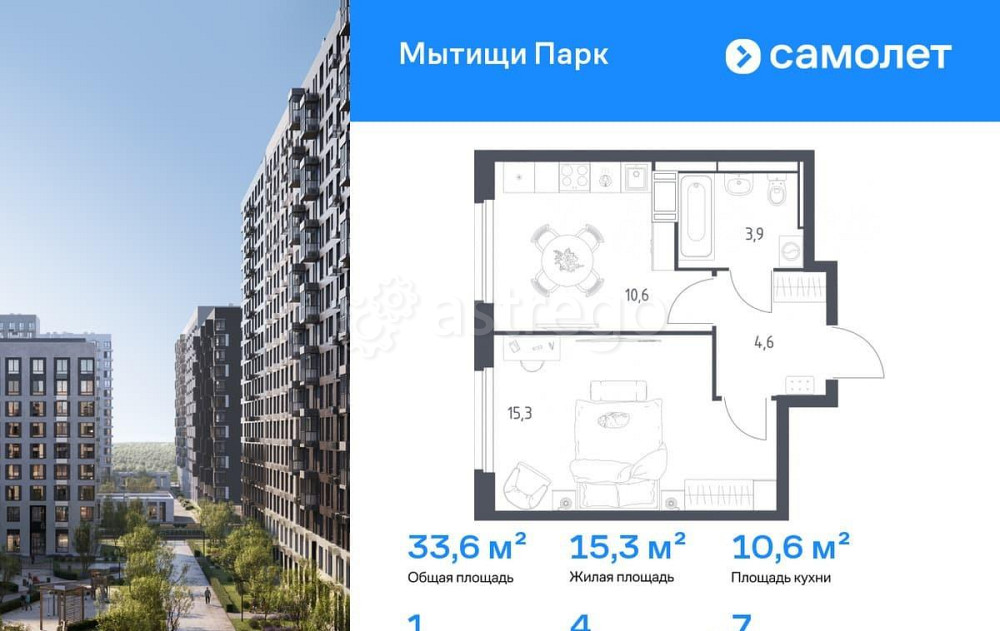 1-комн. квартира, 33.6 м2, 7/17 эт. Мытищи - изображение 1