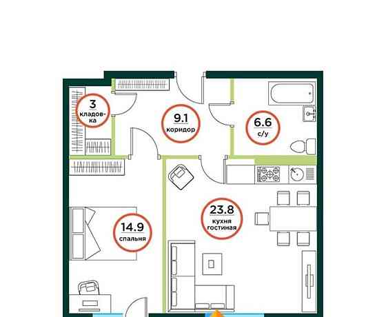2-комн. квартира, 59.05 м2, 4/8 эт. Емельяново