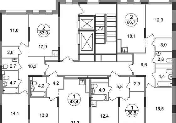 2-комн. квартира, 63 м2, 2/17 эт. Москва