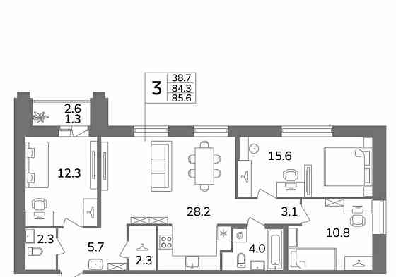 3-комн. квартира, 85.6 м2, 6/13 эт. Санкт-Петербург