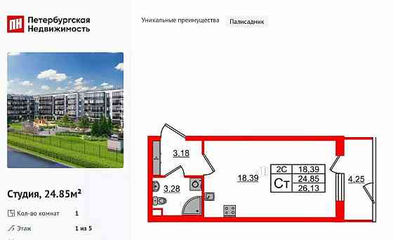 Студия, 24.85 м2, 1/5 эт. Санкт-Петербург