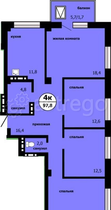 4-комн. квартира, 97.8 м2, 3/19 эт. Красноярск - изображение 1