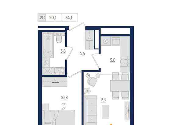 2-комн. квартира, 34.1 м2, 18/22 эт. Уфа