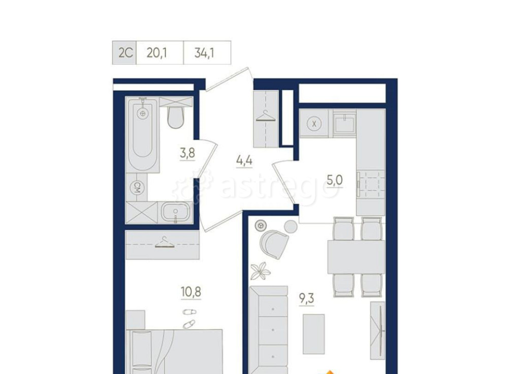 2-комн. квартира, 34.1 м2, 18/22 эт. Уфа - изображение 1