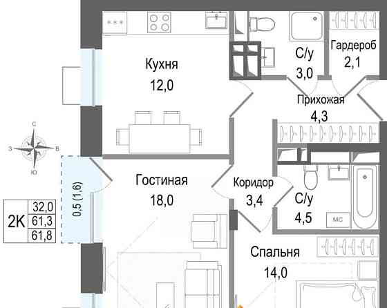 2-комн. квартира, 61.3 м2, 4/8 эт. Королев