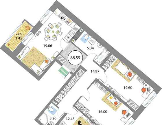 3-комн. квартира, 88.59 м2, 8/12 эт. Санкт-Петербург