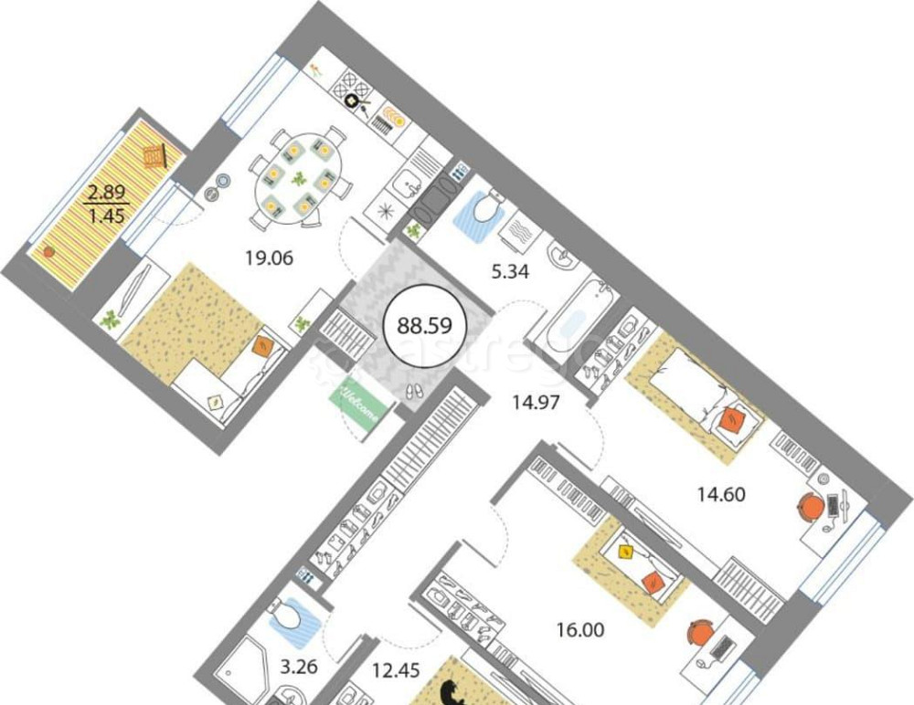3-комн. квартира, 88.59 м2, 8/12 эт. Санкт-Петербург - изображение 2
