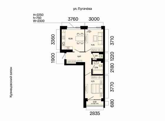 2-комн. квартира, 51.83 м2, 2/31 эт. Уфа