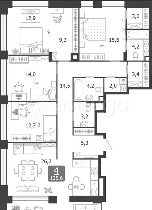 4-комн. квартира, 135.6 м2, 13/14 эт. Москва - изображение 1
