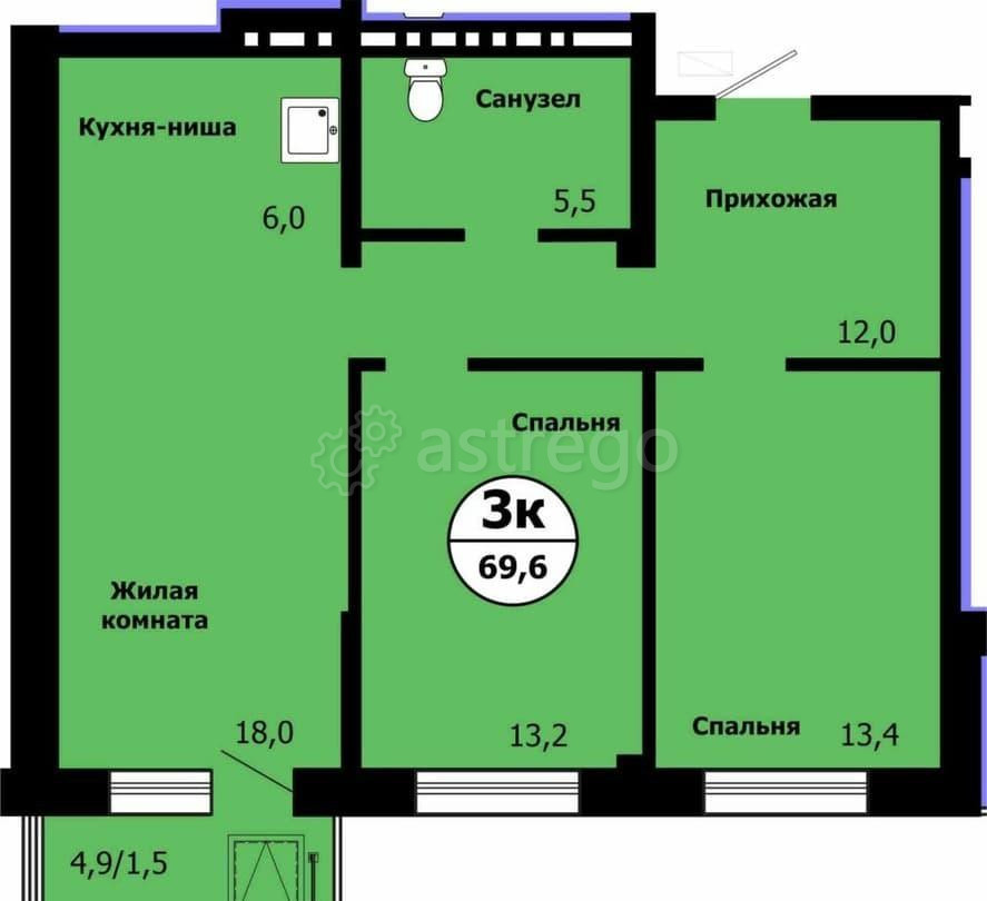 3-комн. квартира, 69.6 м2, 3/19 эт. Красноярск - изображение 1