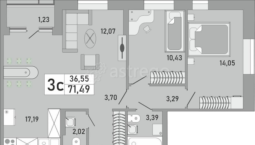 2-комн. квартира, 71.49 м2, 13/24 эт. Уфа - изображение 1