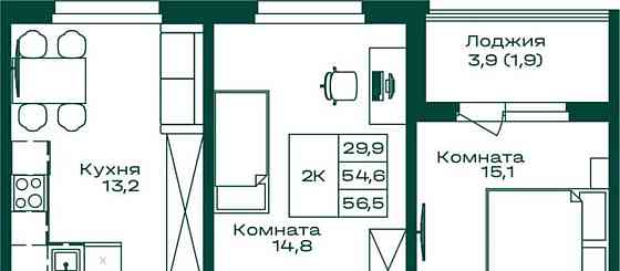 2-комн. квартира, 56.5 м2, 6/8 эт. Майма