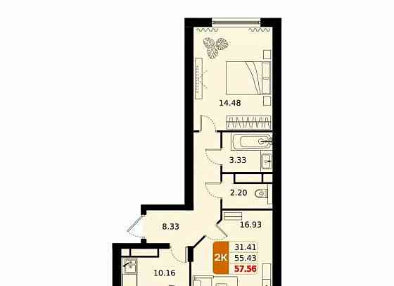 2-комн. квартира, 57.56 м2, 2/17 эт. Домодедово